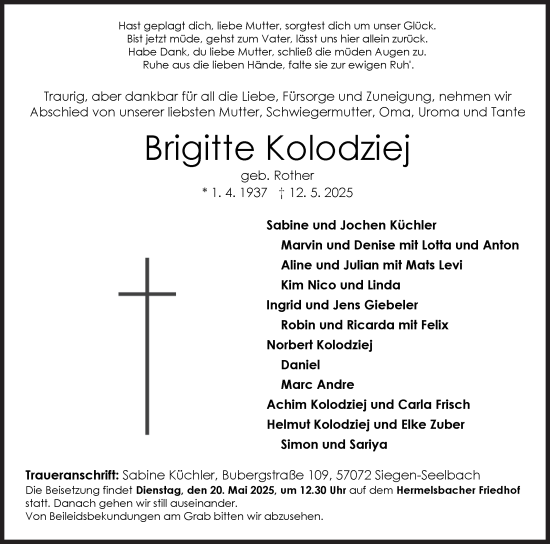 Traueranzeige von Brigitte Kolodziej von Siegener Zeitung