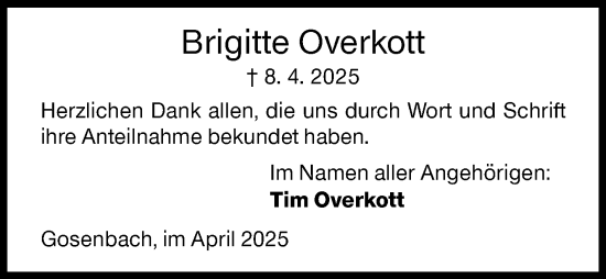 Traueranzeige von Brigitte Overkott von Siegener Zeitung