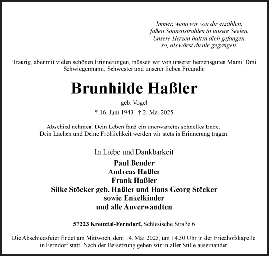 Traueranzeige von Brunhilde Haßler von Siegener Zeitung