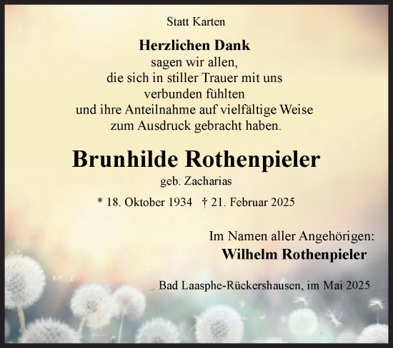 Traueranzeige von Brunhilde Rothenpieler von Siegener Zeitung