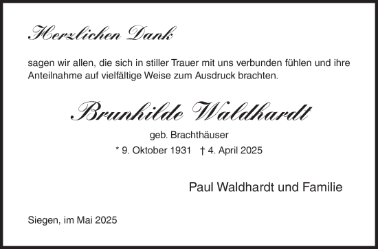 Traueranzeige von Brunhilde Waldhardt von Siegener Zeitung