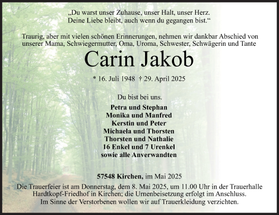 Traueranzeige von Carin Jakob von Siegener Zeitung