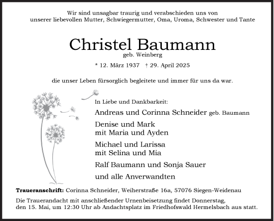 Traueranzeige von Christel Baumann von Siegener Zeitung