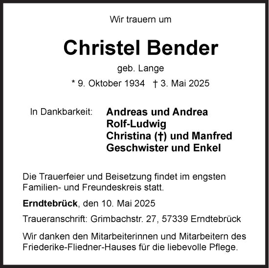 Traueranzeige von Christel Bender von Siegener Zeitung