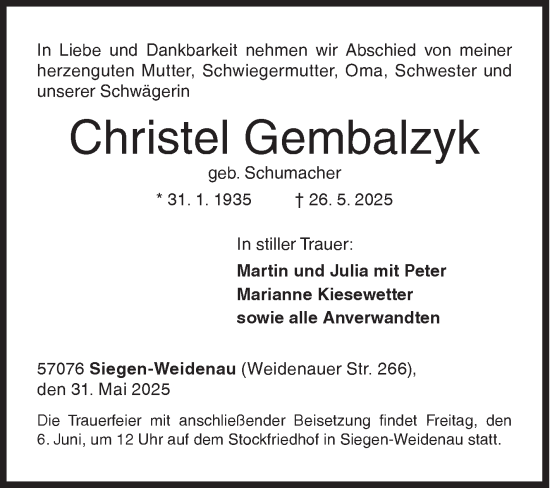 Traueranzeige von Christel Gembalzyk von Siegener Zeitung