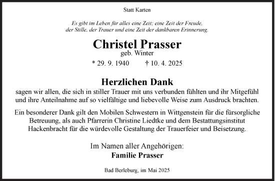 Traueranzeige von Christel Prasser von Siegener Zeitung