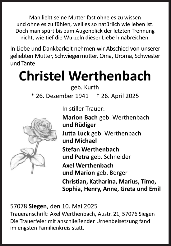 Traueranzeige von Christel Werthenbach von Siegener Zeitung