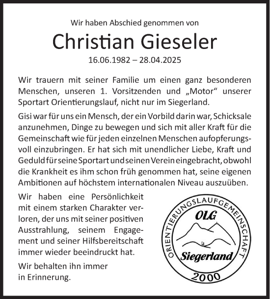 Traueranzeige von Christian Gieseler von Siegener Zeitung