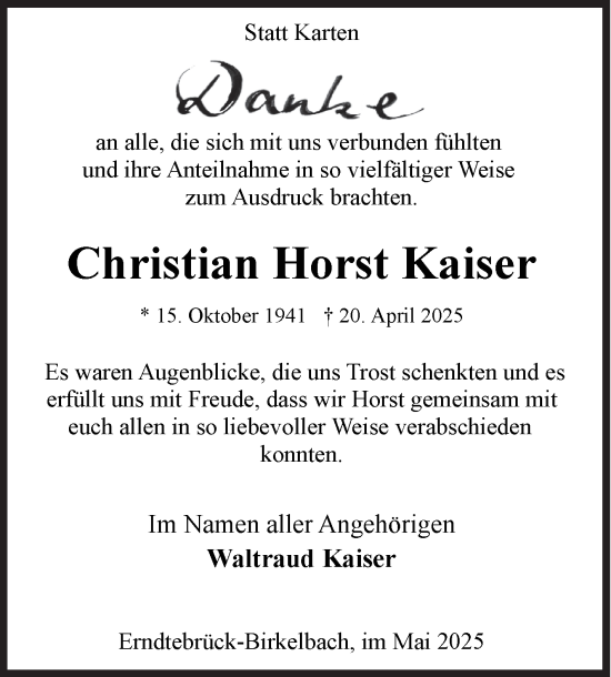 Traueranzeige von Christian Horst Kaiser von Siegener Zeitung