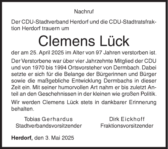 Traueranzeige von Clemens Lück von Siegener Zeitung