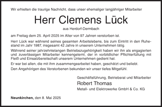 Traueranzeige von Clemens Lück von Siegener Zeitung