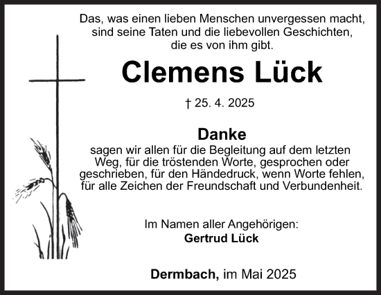 Traueranzeige von Clemens Lück von Siegener Zeitung