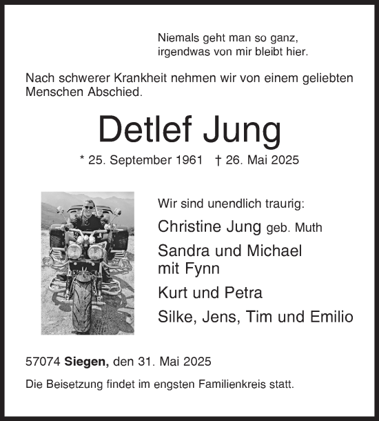 Traueranzeige von Detlef Jung von Siegener Zeitung
