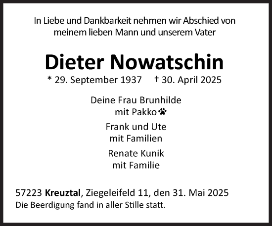 Traueranzeige von Dieter Nowatschin von Siegener Zeitung