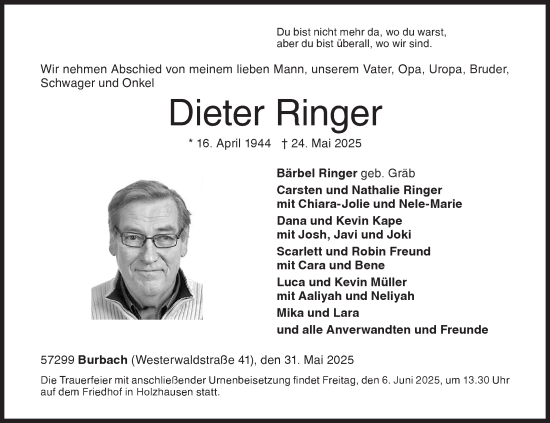 Traueranzeige von Dieter Ringer von Siegener Zeitung