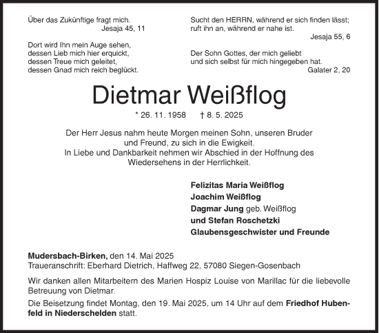 Traueranzeige von Dietmar Weißflog von Siegener Zeitung