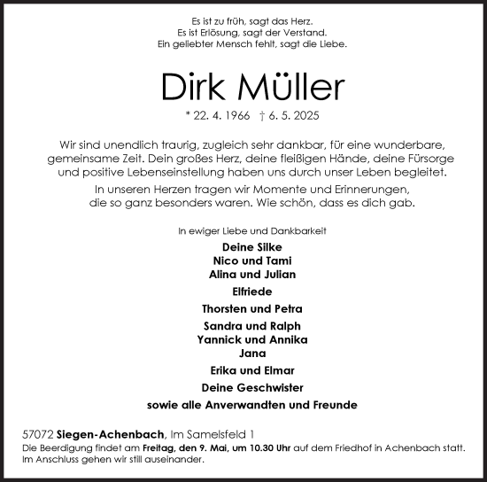 Traueranzeige von Dirk Müller von Siegener Zeitung