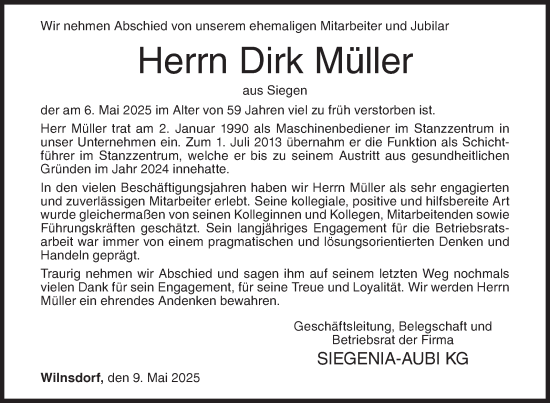 Traueranzeige von Dirk Müller von Siegener Zeitung