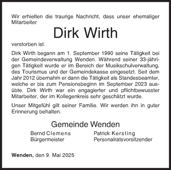 Traueranzeige von Dirk Wirth von Siegener Zeitung