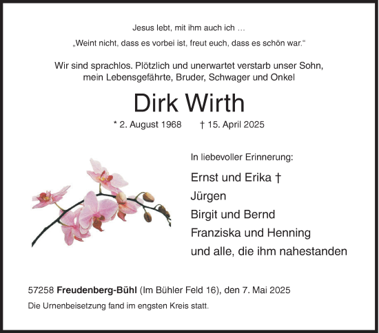 Traueranzeige von Dirk Wirth von Siegener Zeitung