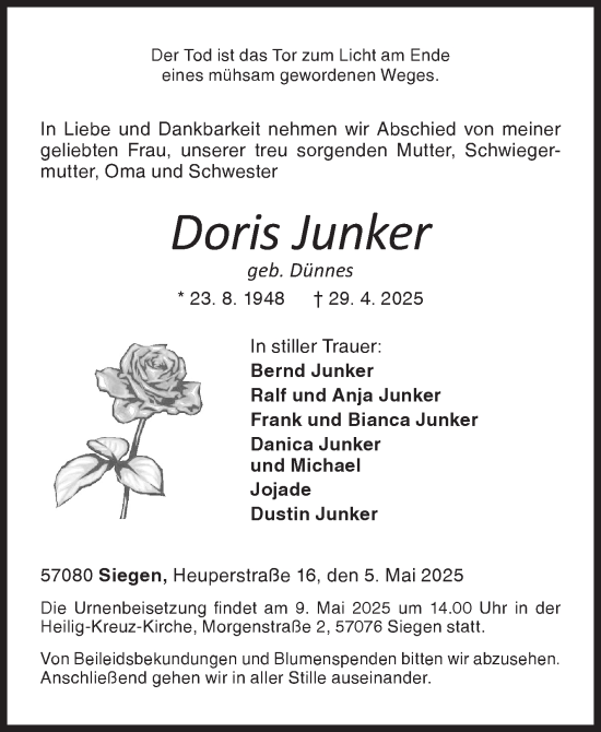 Traueranzeige von Doris Junker von Siegener Zeitung