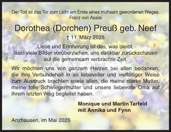 Traueranzeige von Dorothea  Preuß von Siegener Zeitung