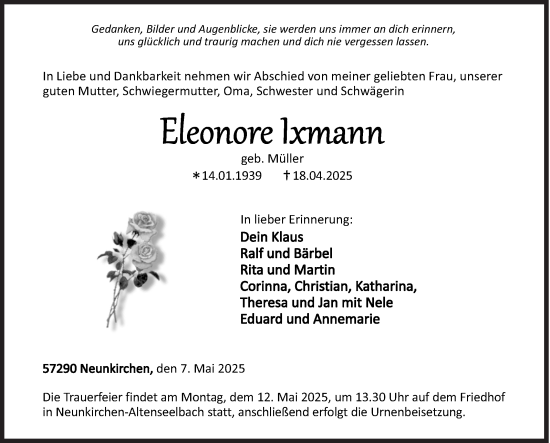 Traueranzeige von Eleonore Ixmann von Siegener Zeitung