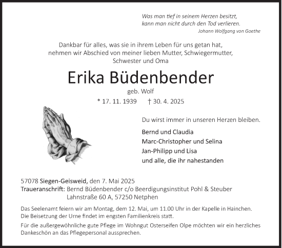 Traueranzeige von Erika Büdenbender von Siegener Zeitung