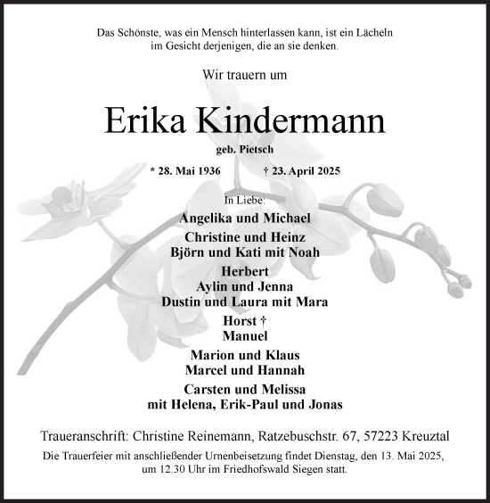 Traueranzeige von Erika Kindermann von Siegener Zeitung