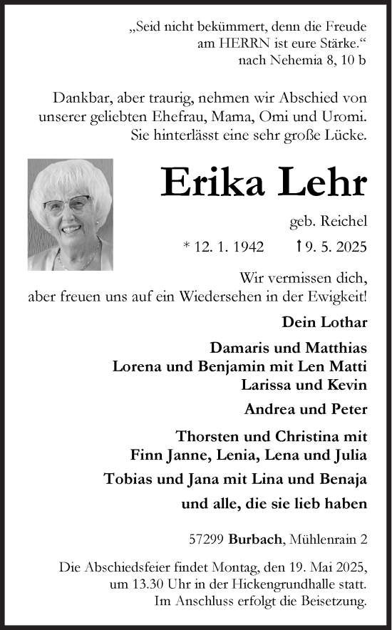 Traueranzeige von Erika Lehr von Siegener Zeitung