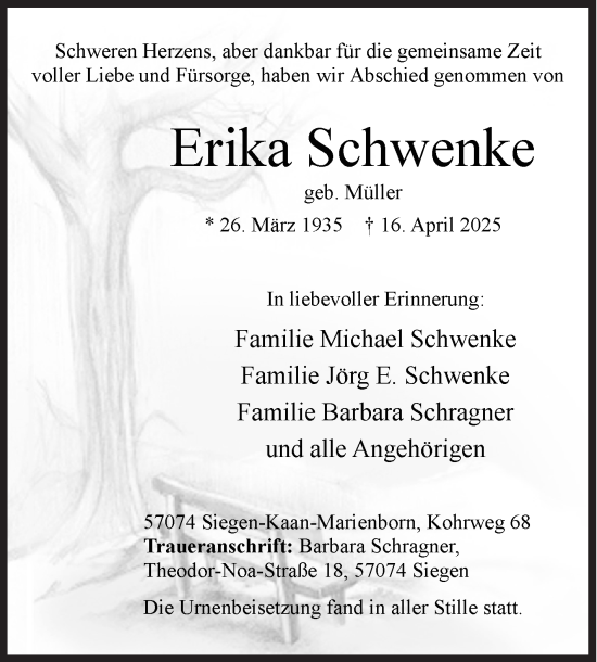 Traueranzeige von Erika Schwenke von Siegener Zeitung