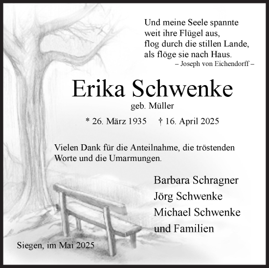 Traueranzeige von Erika Schwenke von Siegener Zeitung