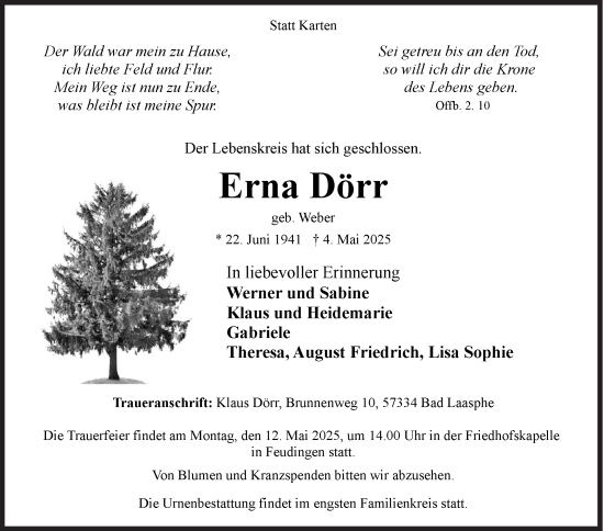 Traueranzeige von Erna Dörr von Siegener Zeitung