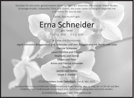 Traueranzeige von Erna Schneider von Siegener Zeitung