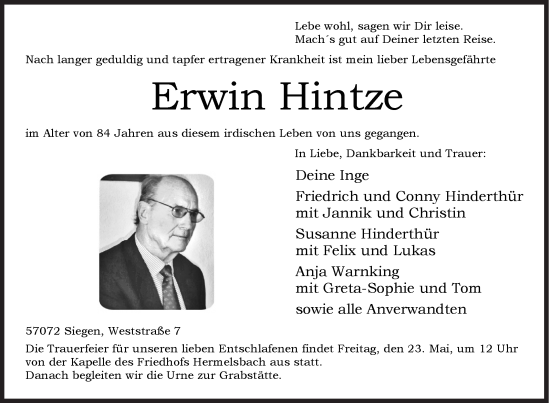 Traueranzeige von Erwin Hintze von Siegener Zeitung