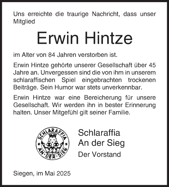 Traueranzeige von Erwin Hintze von Siegener Zeitung