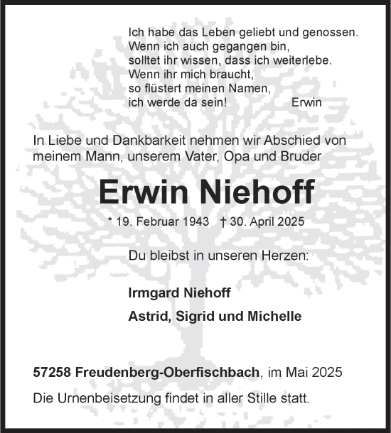 Traueranzeige von Erwin Niehoff von Siegener Zeitung