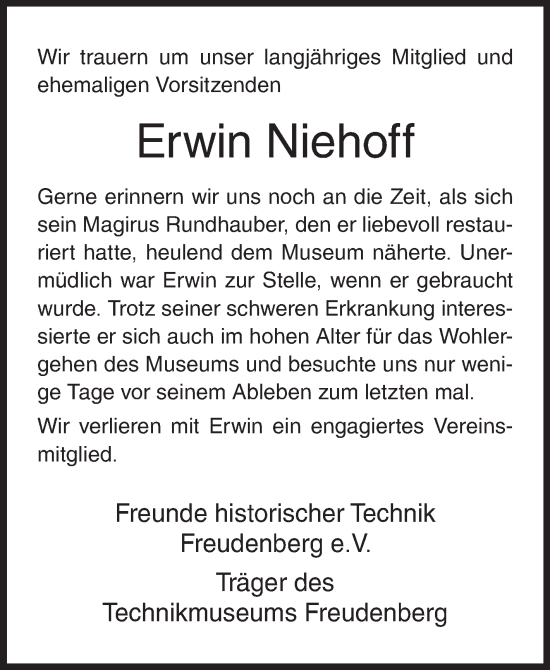 Traueranzeige von Erwin Niehoff von Siegener Zeitung