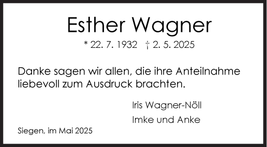 Traueranzeige von Esther Wagner von Siegener Zeitung