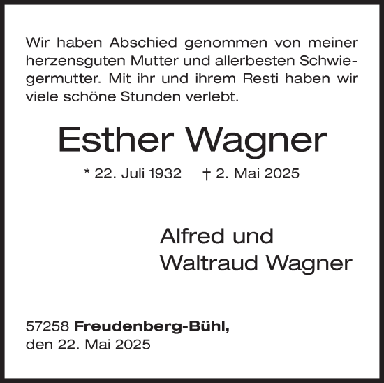 Traueranzeige von Esther Wagner von Siegener Zeitung