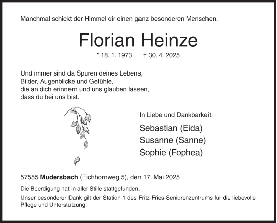 Traueranzeige von Florian Heinze von Siegener Zeitung