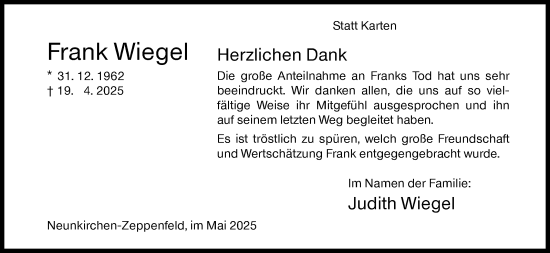 Traueranzeige von Frank Wiegel von Siegener Zeitung