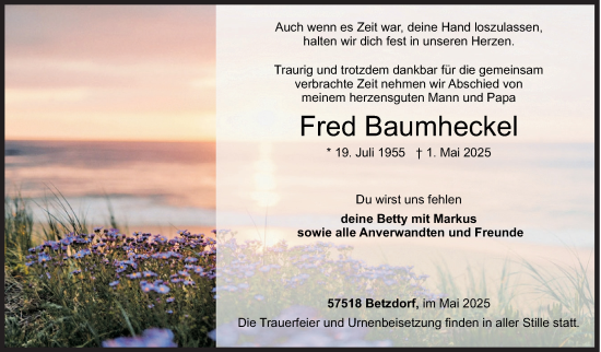Traueranzeige von Fred Baumheckel von Siegener Zeitung