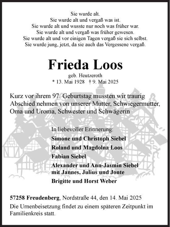Traueranzeige von Frieda Loos von Siegener Zeitung