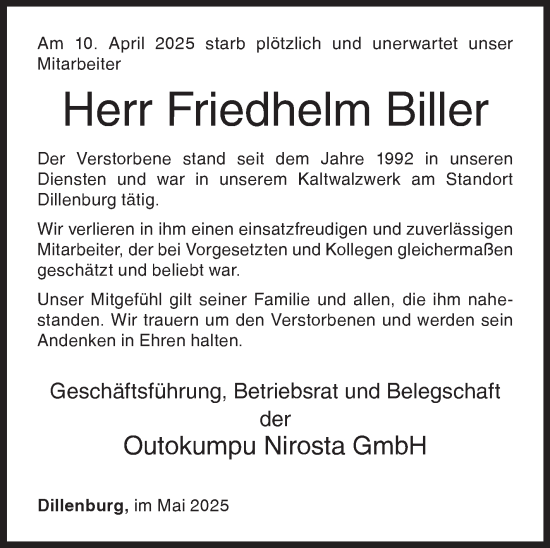 Traueranzeige von Friedhelm Biller von Siegener Zeitung