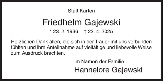 Traueranzeige von Friedhelm Gajewski von Siegener Zeitung