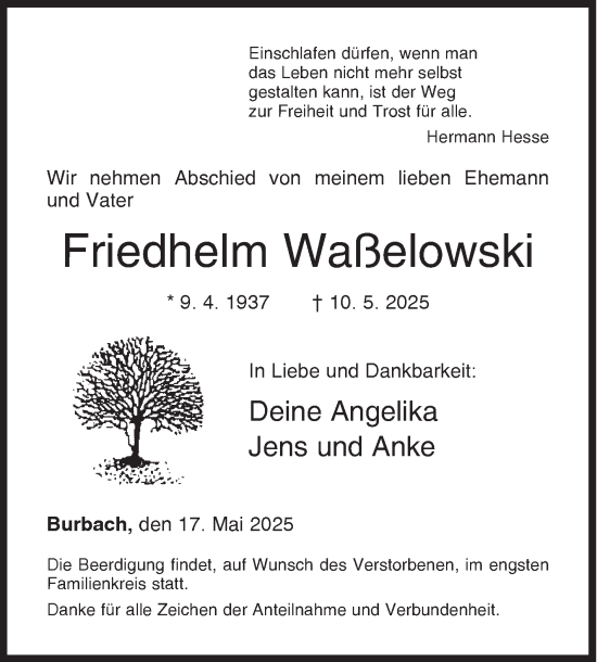 Traueranzeige von Friedhelm Waßelowski von Siegener Zeitung