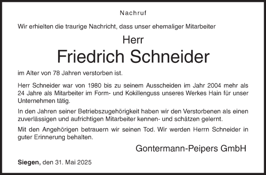 Traueranzeige von Friedrich Schneider von Siegener Zeitung