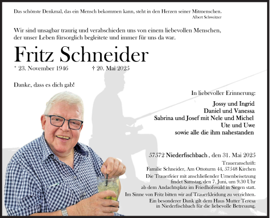 Traueranzeige von Fritz Schneider von Siegener Zeitung