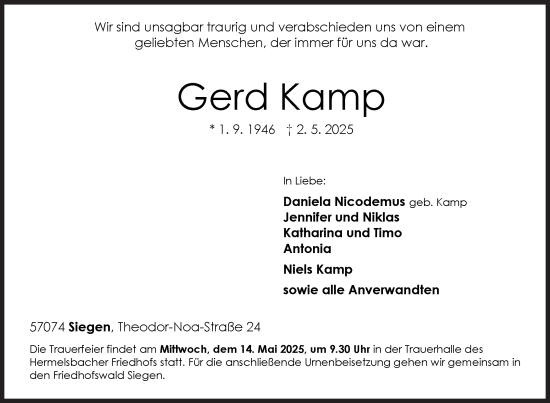 Traueranzeige von Gerd Kamp von Siegener Zeitung